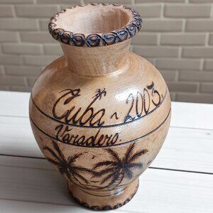 Vintage 2003 Cuba Varadero Wood Vase | Burned Palm Tree Art | Carved Souvenir